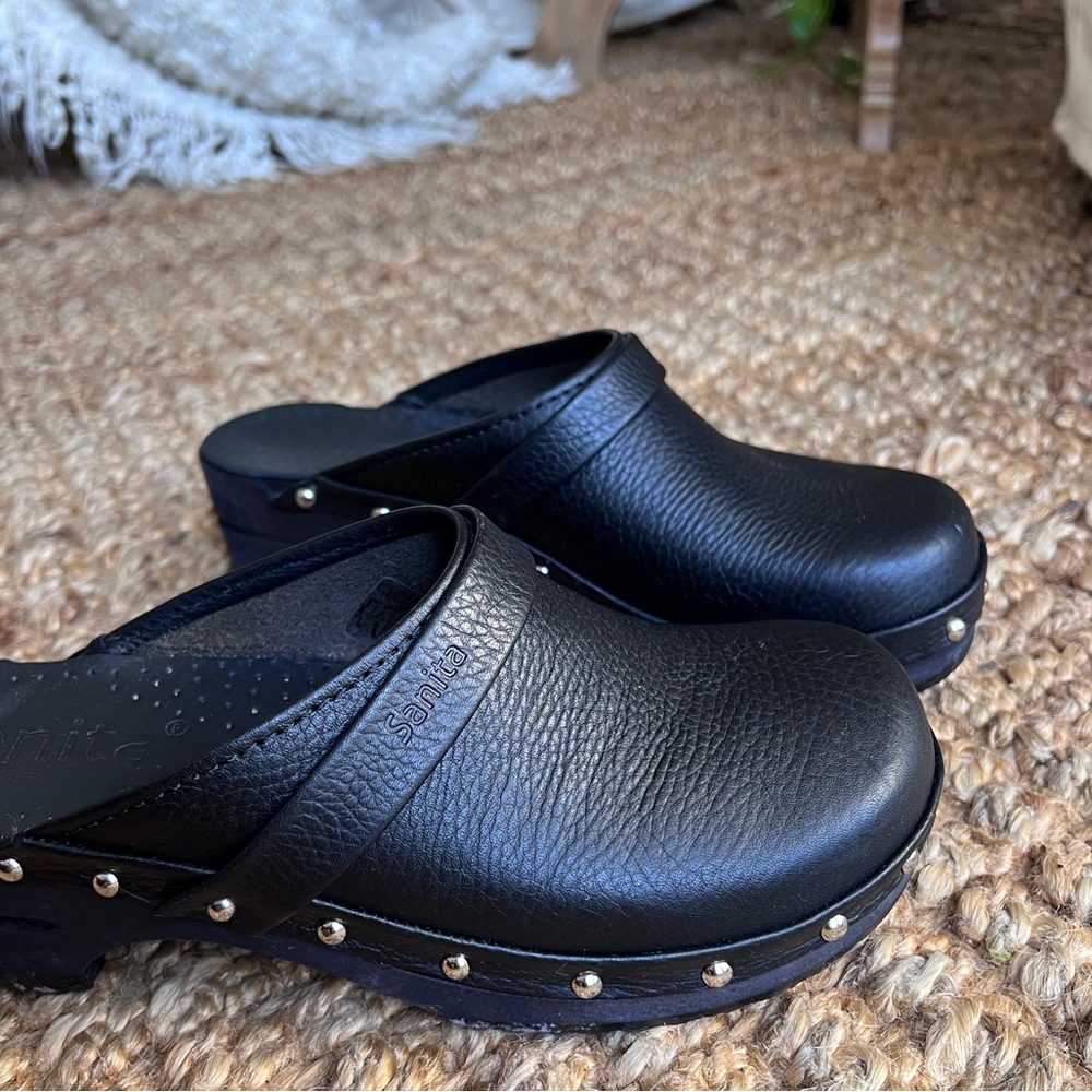 Sanita Black Leather Clogs with Silver Studs